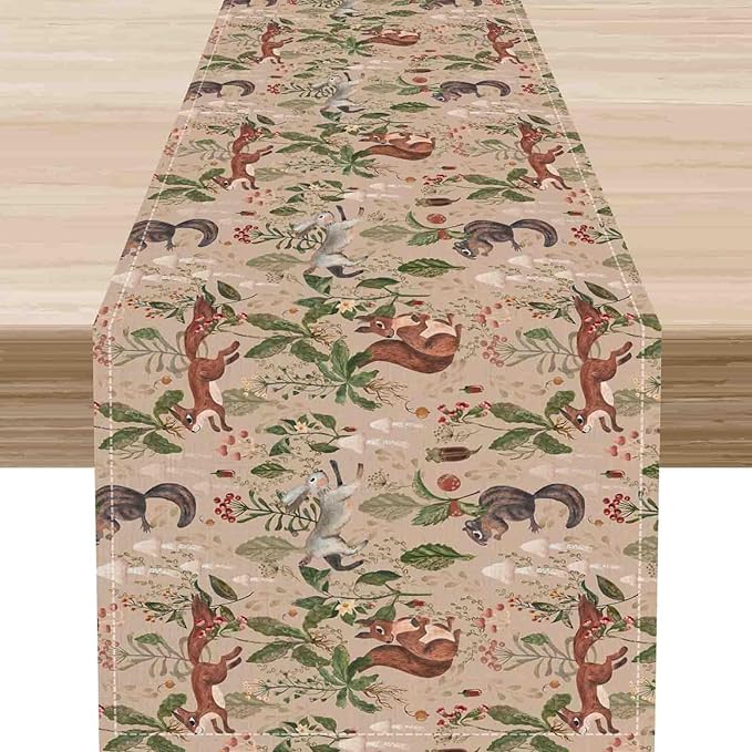 Rustic Forest Table Runner, Farmhouse Wild Woodland Animals Country Deer Fox Rabbits Watercolor Table Center Decor for Home Kitchen Dining Patio Holiday Party Outdoor Table Decorations, 13"x36" Inch