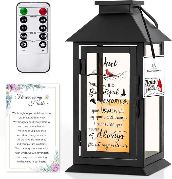 Memorial Candle Lantern, Metal Frame and Glass Panels, 14.2 Inch LED