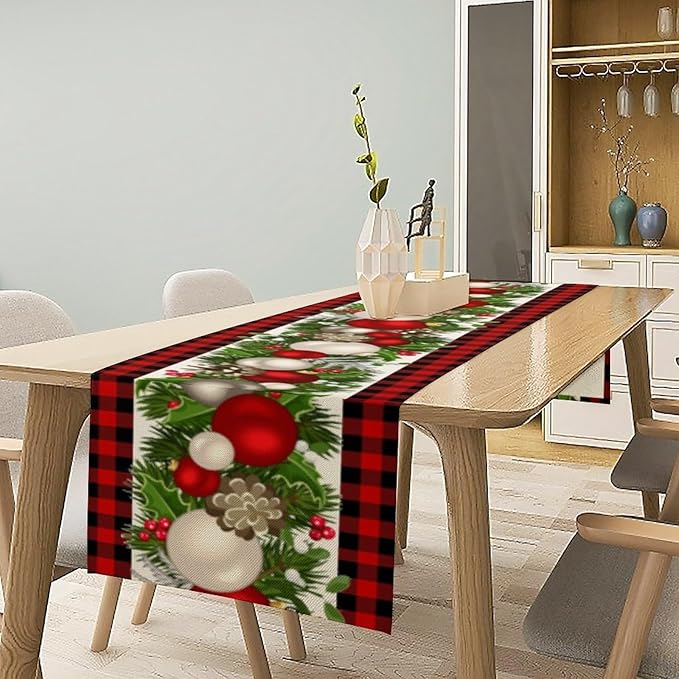 Christmas Table Runner,Seasonal Winter Xmas Holiday Farmhouse Table Cloth Kitchen Dining Table Decoration for Home Party Decor 13x60 Inch
