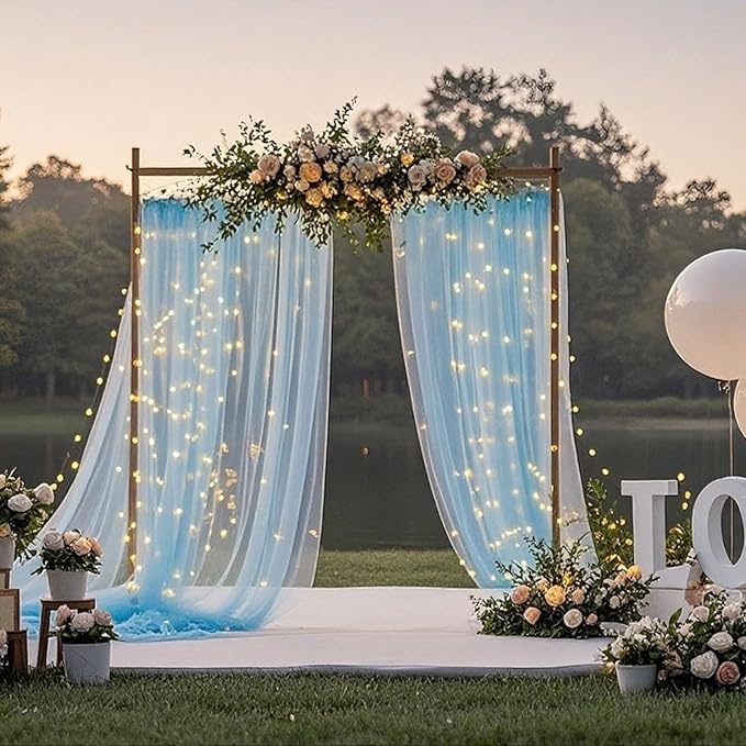 10×8ft Tulle Backdrop Curtains with Lights String - 300LED Fairy Lights Sheer Curtain Backdrop for Weddings Baby Shower and Birthday Party Decorations( 2 Panels 5×8ft)