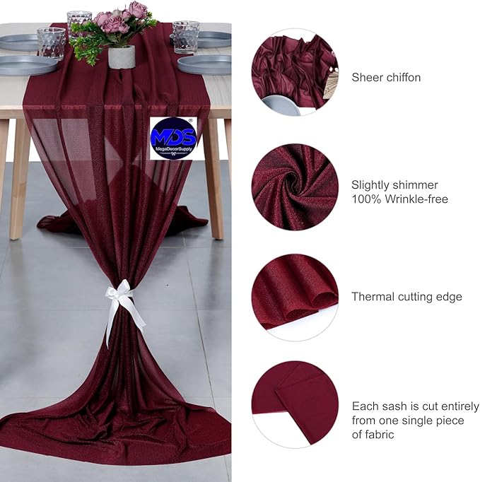 MDS Halloween Chiffon Table Runner - 12 Pack, 29 x 170 Inches, 14ft Each - Sheer Spooky Table Runners for Haunted House Parties, Trick-or-Treat Tables, Witchy Décor, Wedding & Events - Burgundy