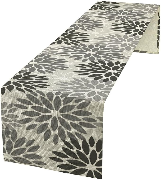 Gray Dahlia Flower Table Runner, Vintage Modern Linen Geometric Pattern Floral Table Runner Spring for Farmhouse Kitchen Dining Party Holiday Party, 13x70 Inch