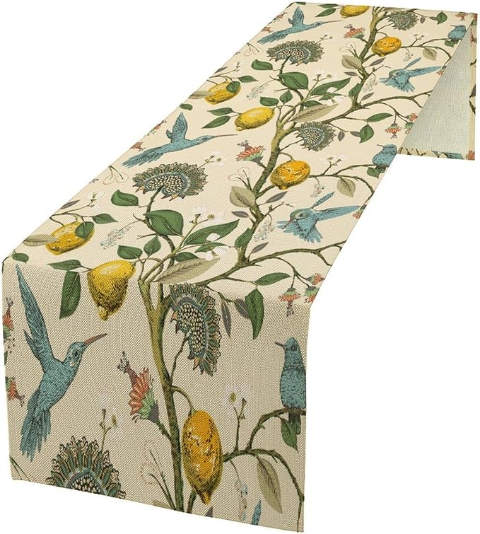 Table Runner with Flowers and Birds, Spring Plant Flowers Table Decoration Linen Table Runner Family Party Party Decorations 13x36 Inches