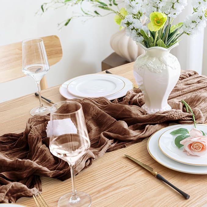 Asee'm Cheesecloth Table Runner 120 Inches Long Brown Boho Gauze Cheese Cloth Runner 10FT Rustic Sheer Fall Table Runners for Thanksgiving Wedding Party Baby Shower Decoration