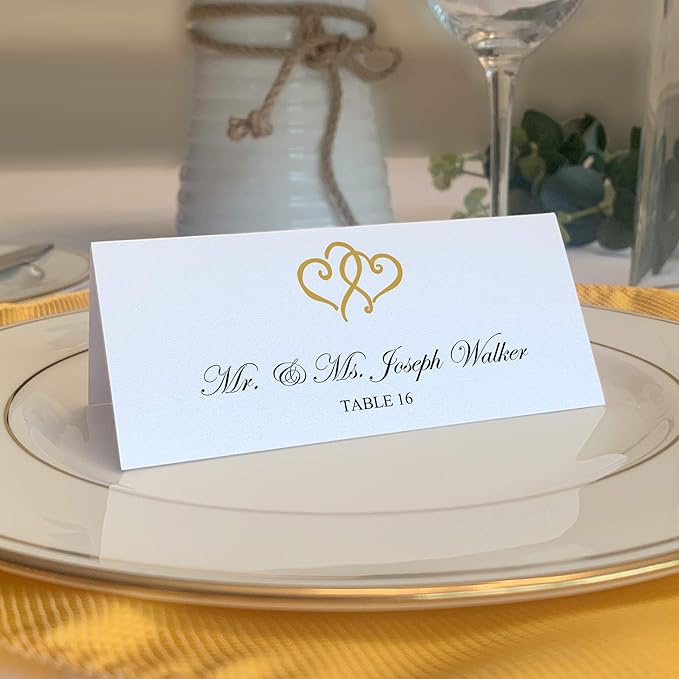 Linked Hearts Place Cards, Gold (Choose Color), Set of 150, Pre-cut and Scored - Wedding, Party, Dinner, and Special Events - Made in the USA