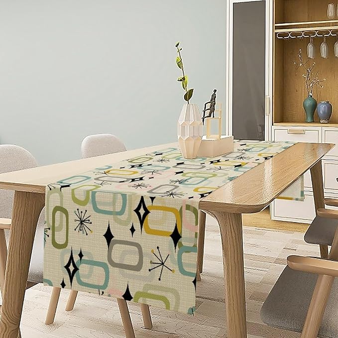 Mid Century Table Runner, Flag Retro Atomic Starburst 1950s Abstract Geometric Space Tabletop Decoration for Home Kitchen Restaurant Table Flag 13x120 Inch