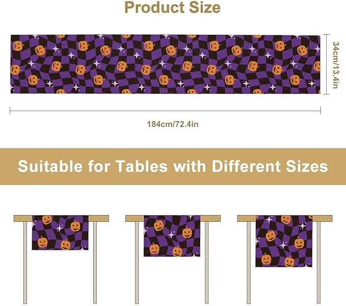 Halloween Table Runner,Purple Checkered Pumpkin Table Runner for Kitchen Dining Table Decoration Home Party Decor 13x108 Inch