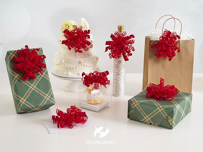 HUIHUANG Red Bows for Gift Wrapping Christmas Gift Bows 5 inch x 8 Counts Self-Adhesive Curly Ribbon Bow for Presents, Paper Bag, Party Favors, Wrapping Accessories, Holiday Wedding Decoration