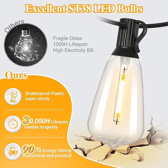 String Lights, 120 Ft Outdoor Edison Bulbs, 62 Shatterproof LED Bulbs