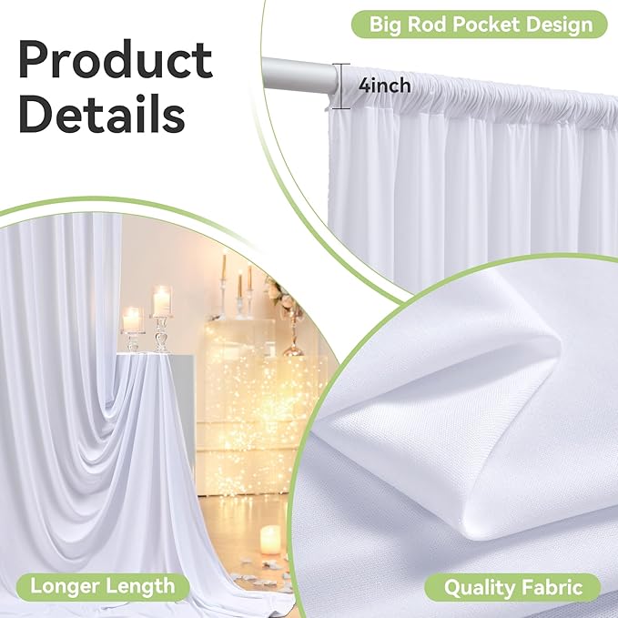 10ftx12ft Wrinkle Free White Backdrop Curtain, 2 Panels 12FT Height White Wedding Backdrop Drapes, Silky Polyester Back Drop Cloth for Birthday Photography Background Party Backdrop Draping