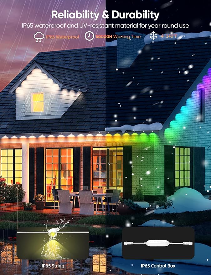 String Lights 50 ft Outdoor Smart LED, 36 RGBW Bulbs, IP65 Waterproof