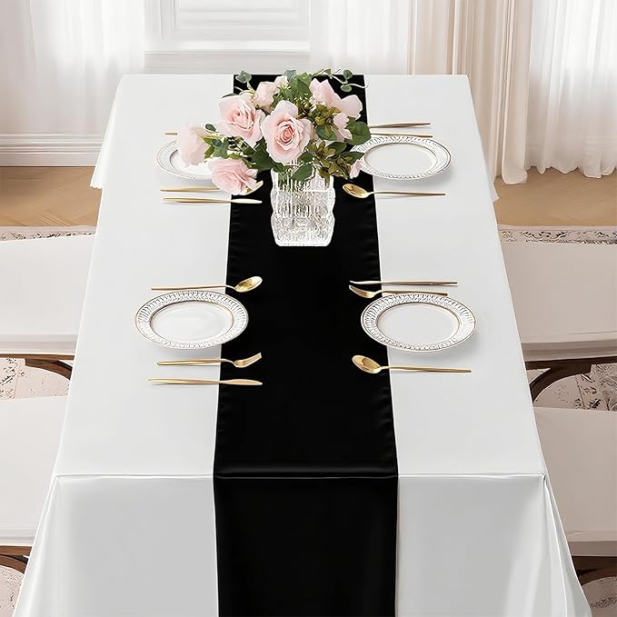 SHEJIZE 20 Pack Black Satin Table Runner 12x108 Inches Long, Bright Silky Smooth Satin Table Runner Table Decor for Wedding Banquet Christmas Prom Event Birthday Party