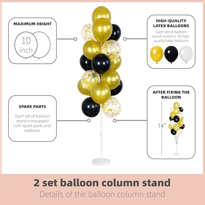 Black and Gold Balloon Column Kit, 2 Stands, 74-Inch, 38 Balloons