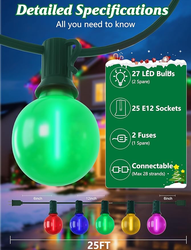 String Lights, 25 ft Frosted Multicolor G40 LED Globe Lights