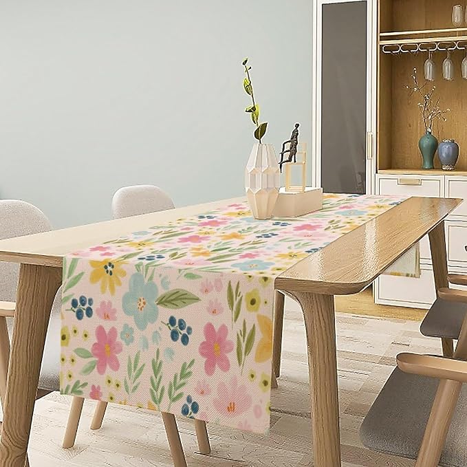 Floral Table Runner, Boho Style Watercolor Flower Green Leaf Plant Rectangle Table Decoration for Dining, Party, Holiday,13in（33cm） W * 90in（229cm） L