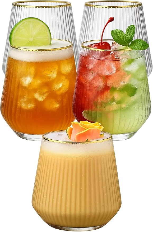 Wine Glasses, 40 Count Stemless 14 oz Gold Rim Plastic Ripple Design