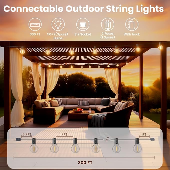 String Lights 300FT Black Outdoor LED Warm White Dimmable