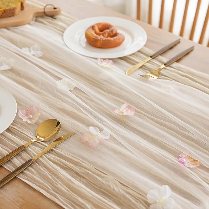Romantic Artificial Floral Table Runner 10ft Gauze Tulle Lace Table Runner Set for Wedding Baby Shower Bridal Shower Holiday Kitchen Dining Table Decoration for Home Party Special Occasion