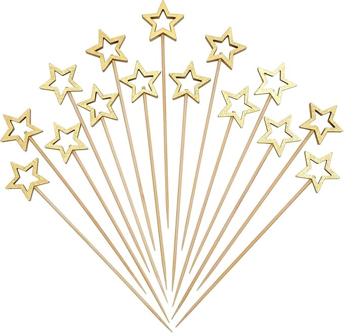 Minisland Big Gold Star Cocktail Picks, 5.5 Inch Long Bamboo Fancy Toothpicks for Appetizers, Decorative Christmas New Year Holiday Party Food Drinks Garnish Fruit Skewer Sticks 50 Counts - MSL430