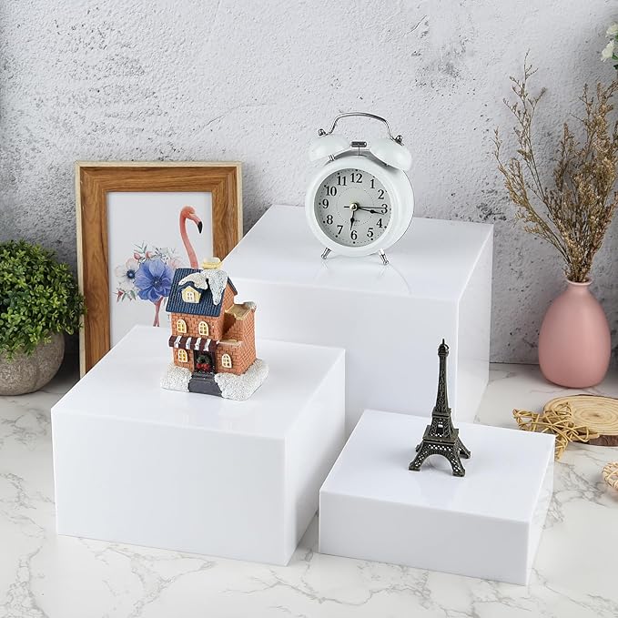 3Pcs White Buffet Risers Acrylic Boxes Display Food Risers for Buffet Table Platter Parties Weddings Catering Dessert Collectibles Figures Show ( 6''x7''x8'')