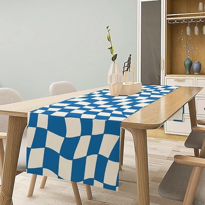 Table Flag Retro Plaid 60s70s Blue Plaid Table Flag Kitchen Restaurant Decoration Suitable for Indoor and Outdoor Festival Home Wedding Party Table Flag 13x60