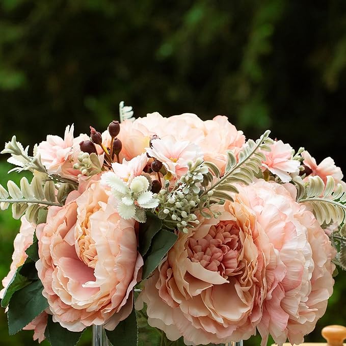 ENOVA FLORAL Artificial Flower Arrangement with Vase,Mixed Artificial Silk Peony Flower in Vase for Decoration Home Office, Wedding Centerpiece (Champagne)