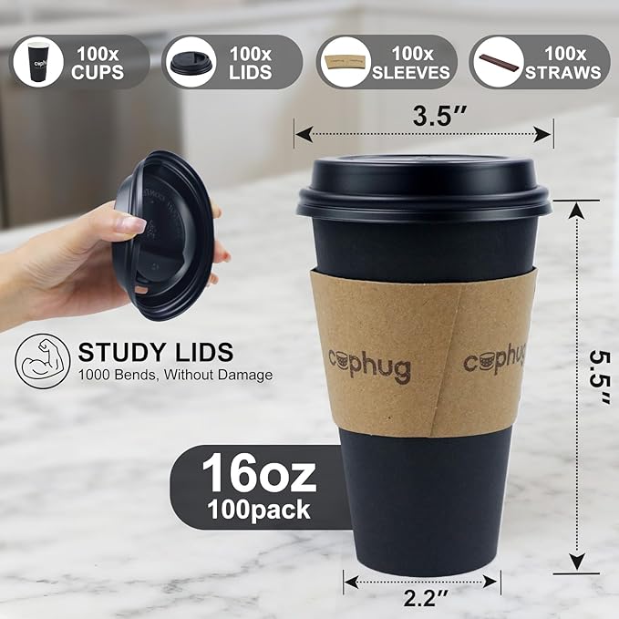 Cups, 16 oz Paper Hot Cups with Lids and Sleeves, 100 Count