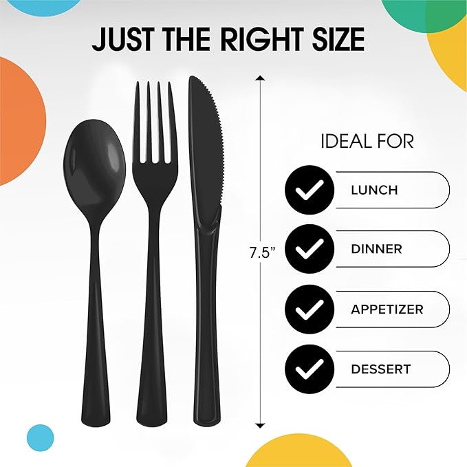 Disposable Plastic Cutlery Set, 300 Pieces, Black Heavy Duty