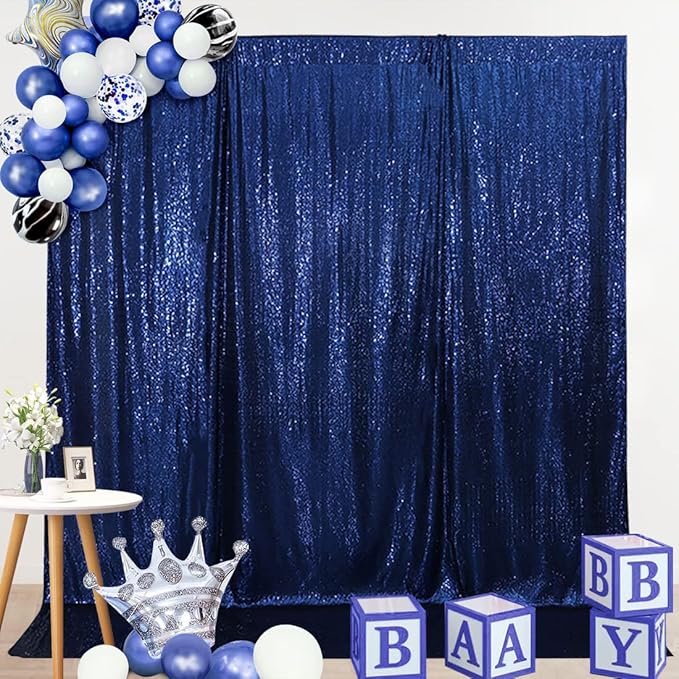 SquarePie Sequin Backdrop Not See Through Thick Background Glitter Curtain for Party 10FT x 10FT Navy Blue