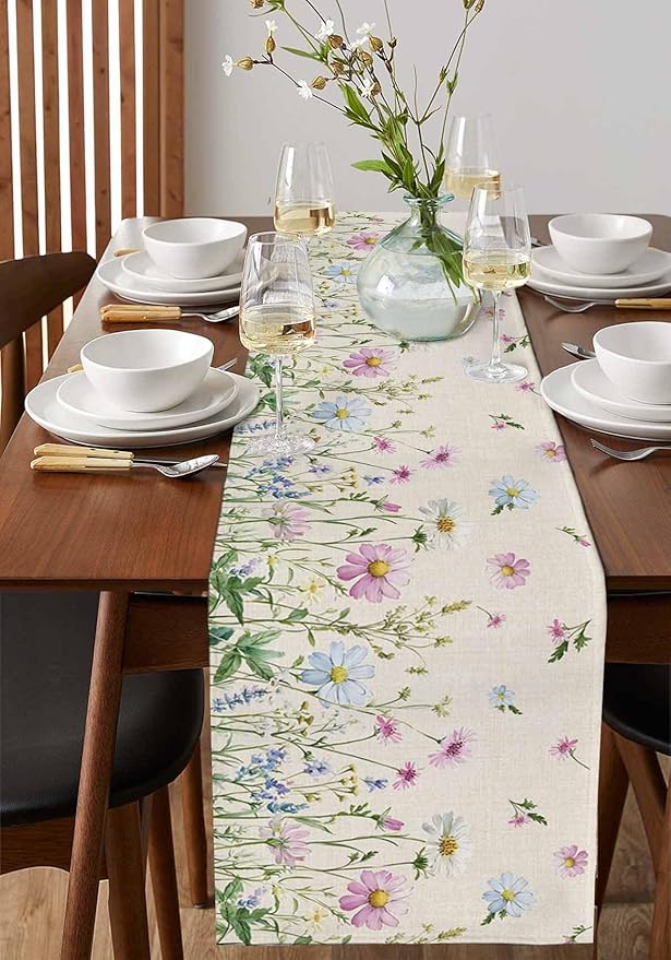 Vintage Wildflowers Cotton Linen Table Runner for Dining Kitchen, Wedding Outdoor Party Tablerunners Decoration, Farm Floral Pink Botanical Plants Dresser Scarf Coffee Tablecloth Runners 13x120 Inches