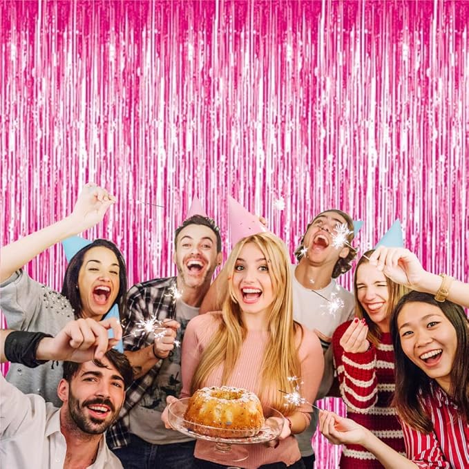 GOER 3.2 ft x 8.2 ft Metallic Tinsel Foil Fringe Curtains Party Photo Backdrop Party Streamers for Galentines Day,Birthday,Graduation,New Year Eve Decorations Wedding Decor (5 Packs,Hot Pink)