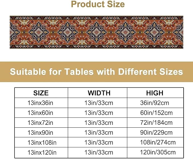 Vintage Boho Orange Table Runner, Country Rustic Farmhouse Magical Abstract Print Pattern for Home Kitchen Table Decor Dining Coffee Room Garden Party Decor 13x120in