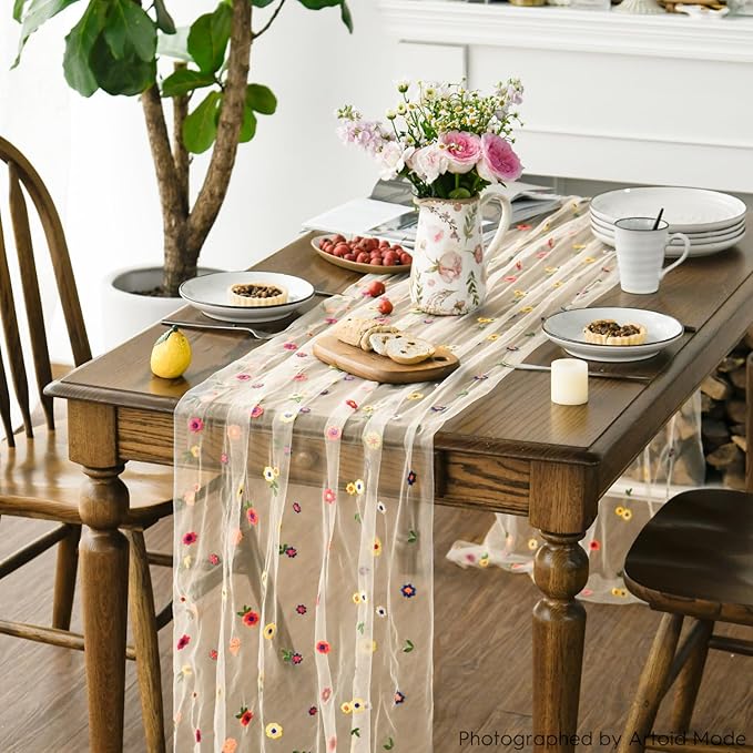 Artoid Mode Champagne Embroidery Daisy Gauze Table Runner 120 Inch 10FT, Seasonal Sheer Kitchen Dining Holiday Wedding Birthday Table Decor for Home Party