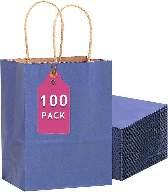 Gift Bags with Handles, Kraft Deep Blue, 13 x 10.3 x 4.6 Inch, 100 Pack