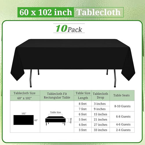10 Pack Polyester Tablecloth, 60 x 102 Inch Black Polyester Table Cloth for 6 Feet Rectangle Tables, Stain and Wrinkle Resistant Washable Table Cover for Kitchen Wedding Banquet Restaurant Party