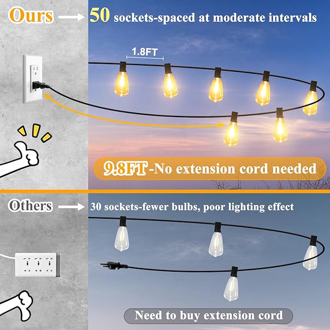 String Lights 100FT Outdoor with 52 Edison Bulbs, Black Wire