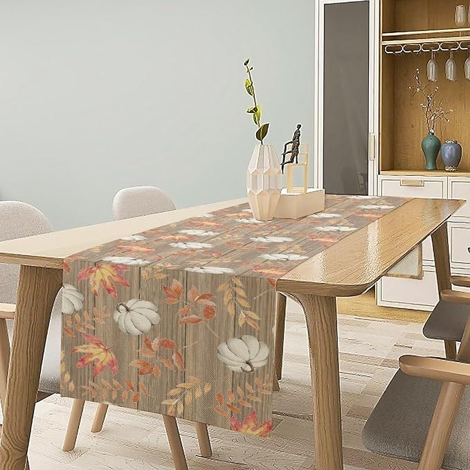 Autumn Table Runner,Pumpkins Maple Leaves Wood Fall r Seasonal Table Runner Kitchen Dining Table Decoration for Home Party Decor 13x70 Inch