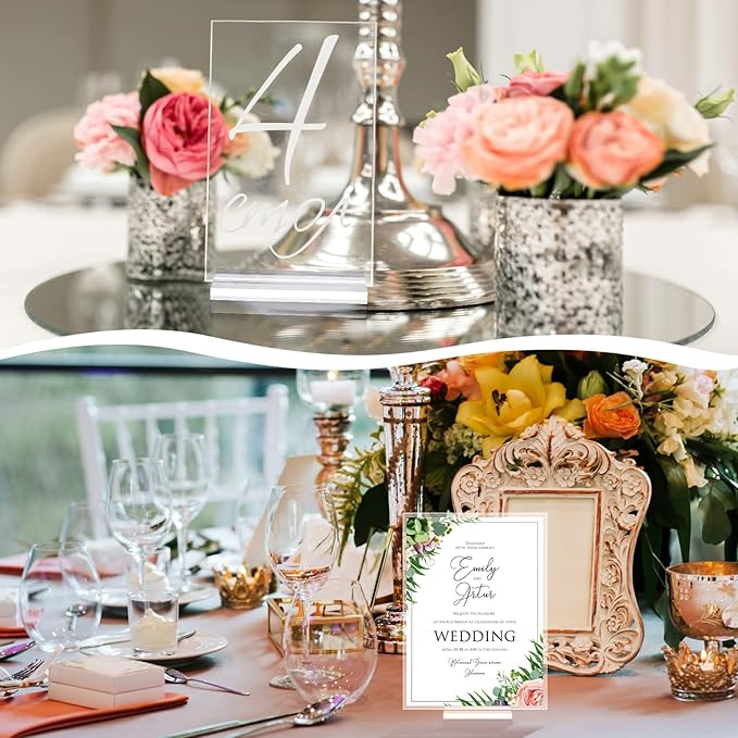 Blulu 60 Pieces Acrylic Place Card Holders 2 Inch Clear Stands Base with 3 mm Card Slot Numbers Display Table Sign for Wedding Exhibition Office Cafe Restaurant Photo Menu Meeting Table Decorations