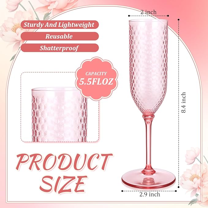 Champagne Glasses 48 Pack Pink Plastic Flutes 5.5 oz Detachable Stems