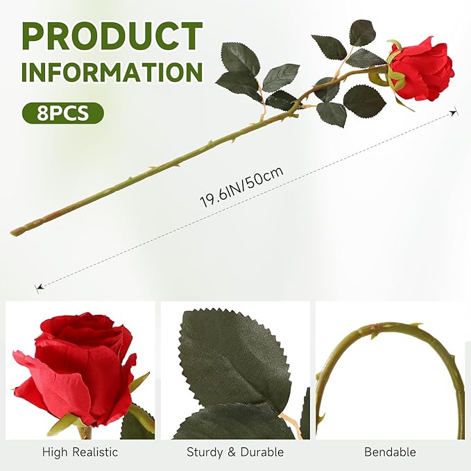 Tifuly 12 Pcs Red Roses Artificial Flowers,Realistic Long Stem Fake Silk Roses Bouquet for Party Home Wedding Centerpiece Office Decor