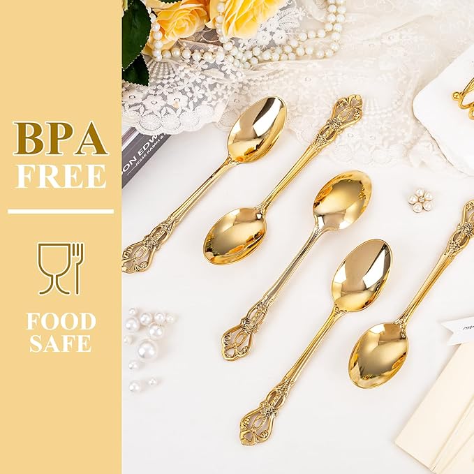 75PCS Gold Plastic Spoons - Gold Spoons Disposable - 8.1 Inch Heavy Duty Plastic Silverware - Heavyweight Elegant Disposable Utensils for Catering, Parties, Dinners, Weddings