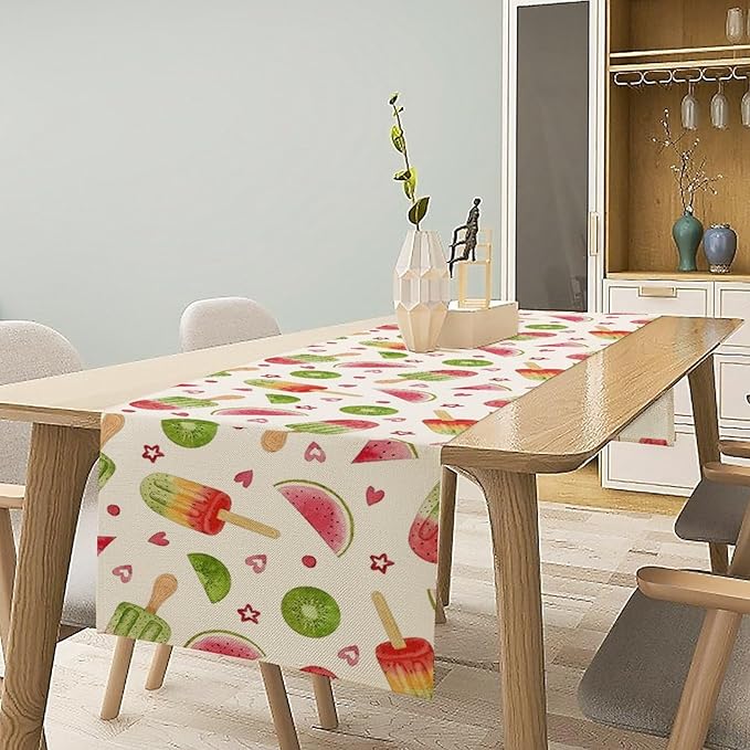 Summer Popsicles Table Runner, Colorful Watercolor Ice Cream Loves Heart Seasonal Dinner Runner for Party Holiday Home Kitchen Dining Table Decor 13"x60"