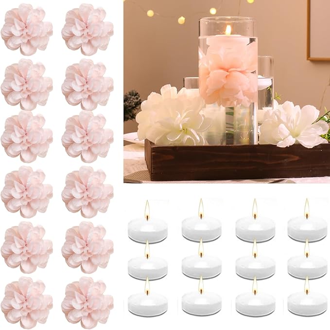 Vase Fillers: 12 Pink Floating Flowers and 12 White Floating Candles
