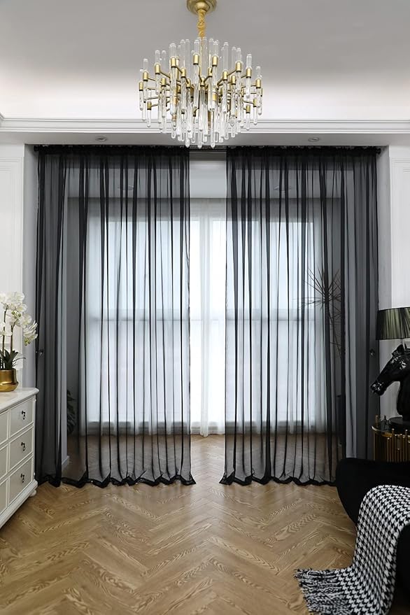Window Black Sheer Curtains 48 Inches Width 45 Inches Long 2 Panels Sheer Curtain Clear Curtains Basic Rod Pocket Panel for Home Living Room Bedroom Kids Room Yard Patio Parlor Sliding