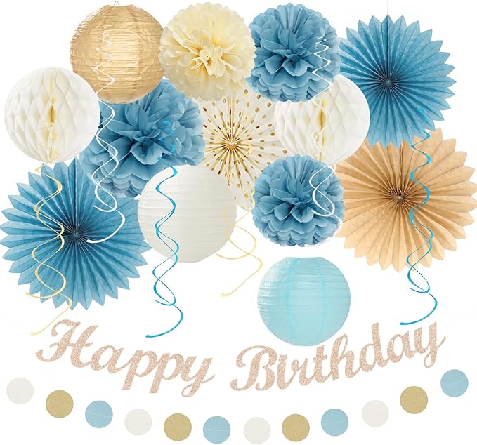 Light-Dusty Blue Beige-Champagne Women Birthday-Decorations - 21pcs Boho Neutral Happy Banner Garland,Paper Streamers Lanterns,Flower Tissue Pom Poms Fan Supplies,Wall Backdrop Party Decor Huglony
