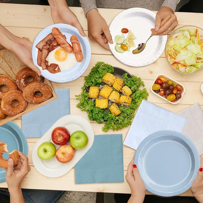 Plates Set, Dusty Blue Paper Party Plates and Napkins, 150 Pieces