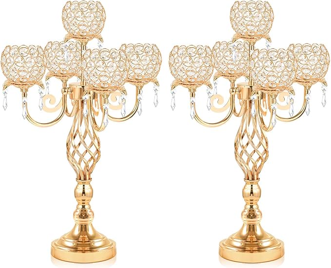Candlestick Holders Gold Crystal Candelabra, 5-Arm 23.6-Inch Centerpiece