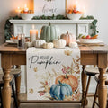 Fall Thanksgiving Cotton Linen Table Runner for Dining Kitchen, Orange Pumpkins Outdoor Party Autumn Tablerunners Decoration, Rustic Wheat Leaves Dresser Scarf Coffee Tablecloth Runners 13x72 Inches
