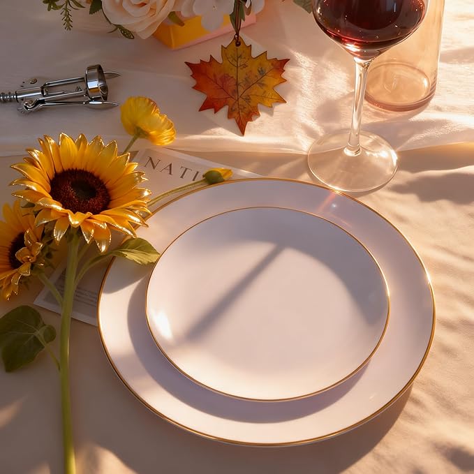 Disposable Plates, 60 Count White Plastic with Gold Rim, Heavy Duty
