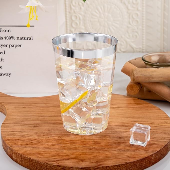 Party Cups, 12 Oz Clear Plastic with Silver Rim, 50 Count